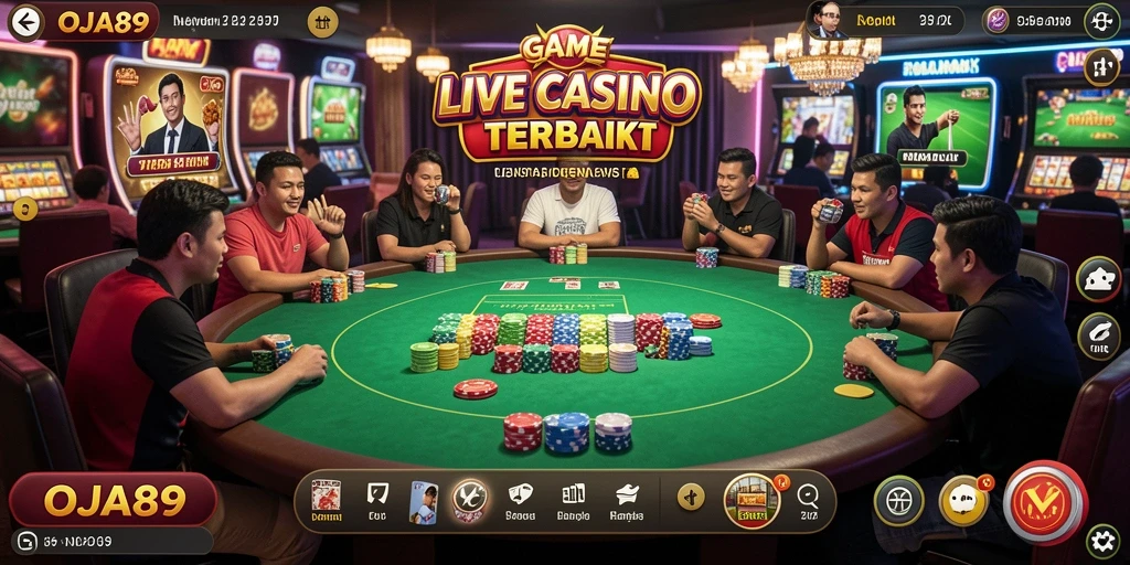 Screenshot gameplay OJA89 menunjukkan dealer langsung dan interaksi pemain.