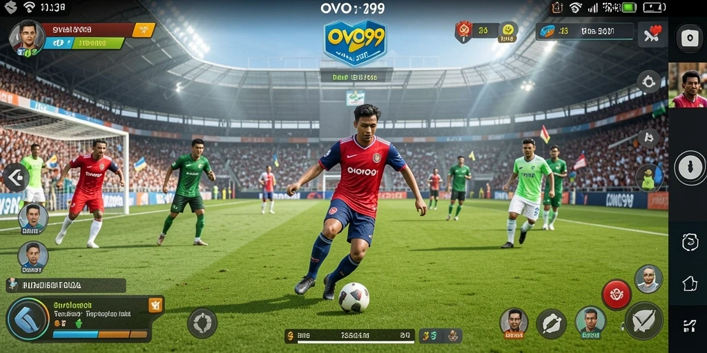 Tampilan gameplay OVO99 dengan aksi seru di lapangan sepak bola.