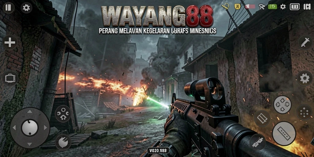 Screenshot menunjukkan aksi intens dalam game FPS WAYANG88.