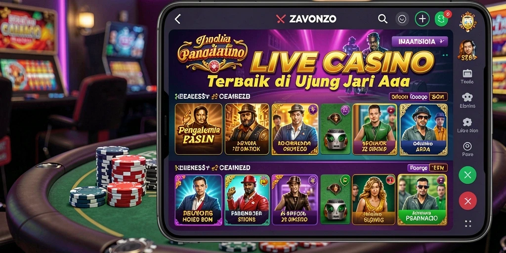 Screenshot ZAVONZO yang menampilkan dealer nyata dalam permainan Live Casino.